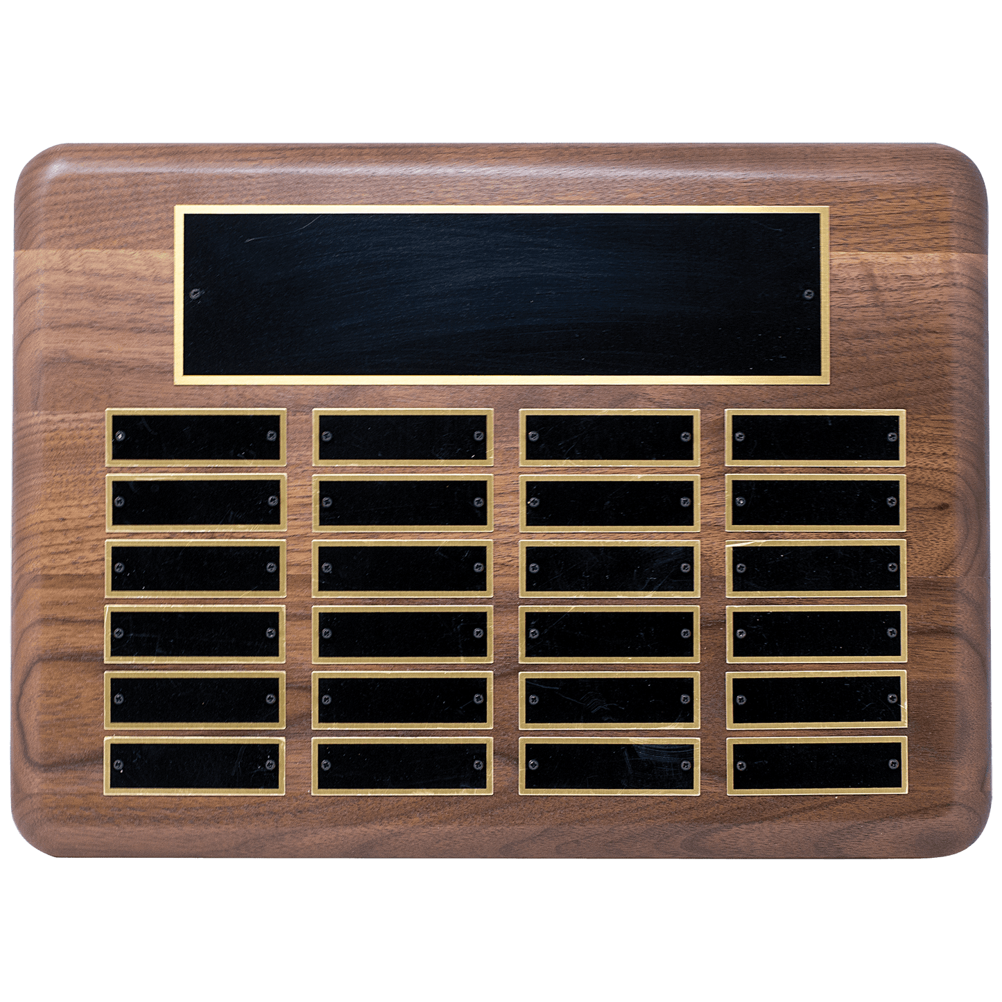 American Walnut Rounded Corner Plaque with Individual Plate sizes .875"x2.75". Available in 11 combinations.