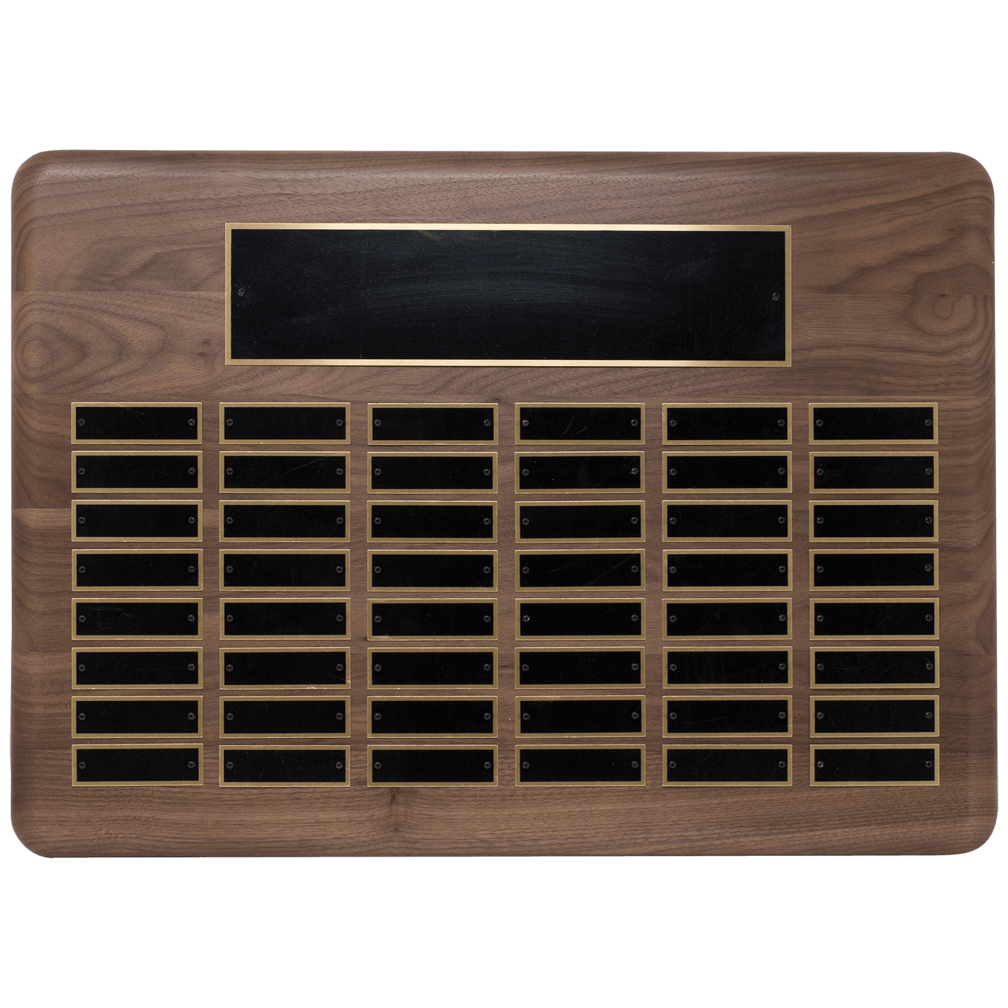 American Walnut Rounded Corner Plaque with Individual Plate sizes .875"x2.75". Available in 11 combinations.