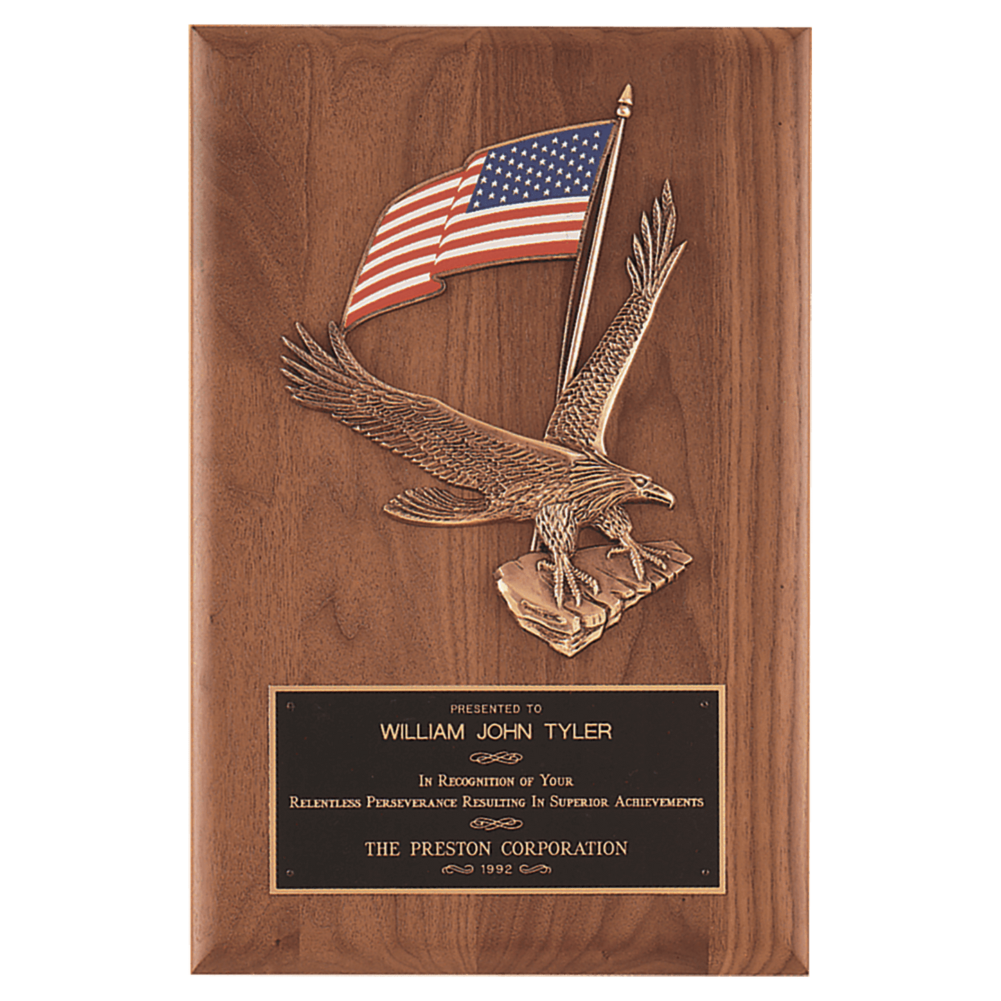 Walnut Plaque with Gold swooping Eagle and Red/white/blue American flag cast, Laser engravble Black brass plate.