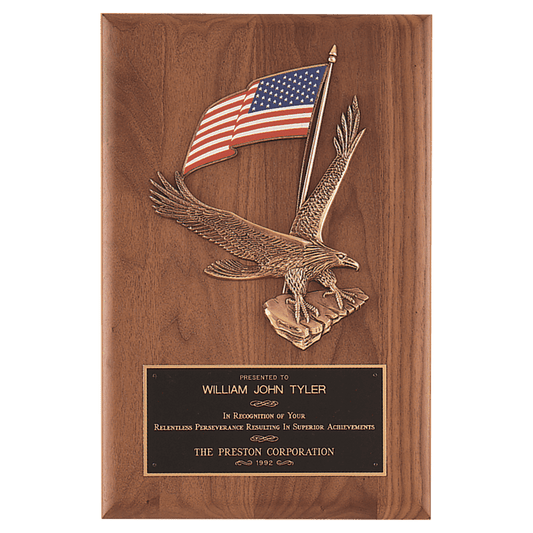 Walnut Plaque with Gold swooping Eagle and Red/white/blue American flag cast, Laser engravble Black brass plate.