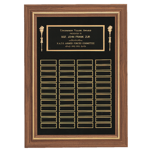 Perpetual plaque with solid American walnut frame on a black velour background with individual black brass plates 0.875"x2.75". Available in 3 plate combinations.