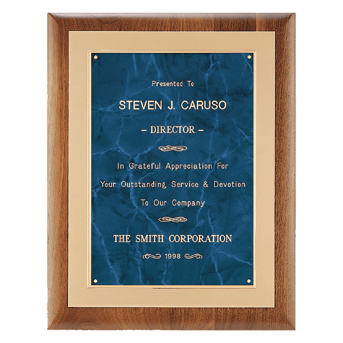 11"x14" Solid American walnut plaque with a frost gold back plate with bright gold embossed frame with blue marble center plate.