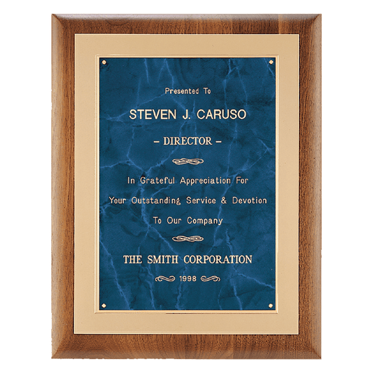 11"x14" Solid American walnut plaque with a frost gold back plate with bright gold embossed frame with blue marble center plate.