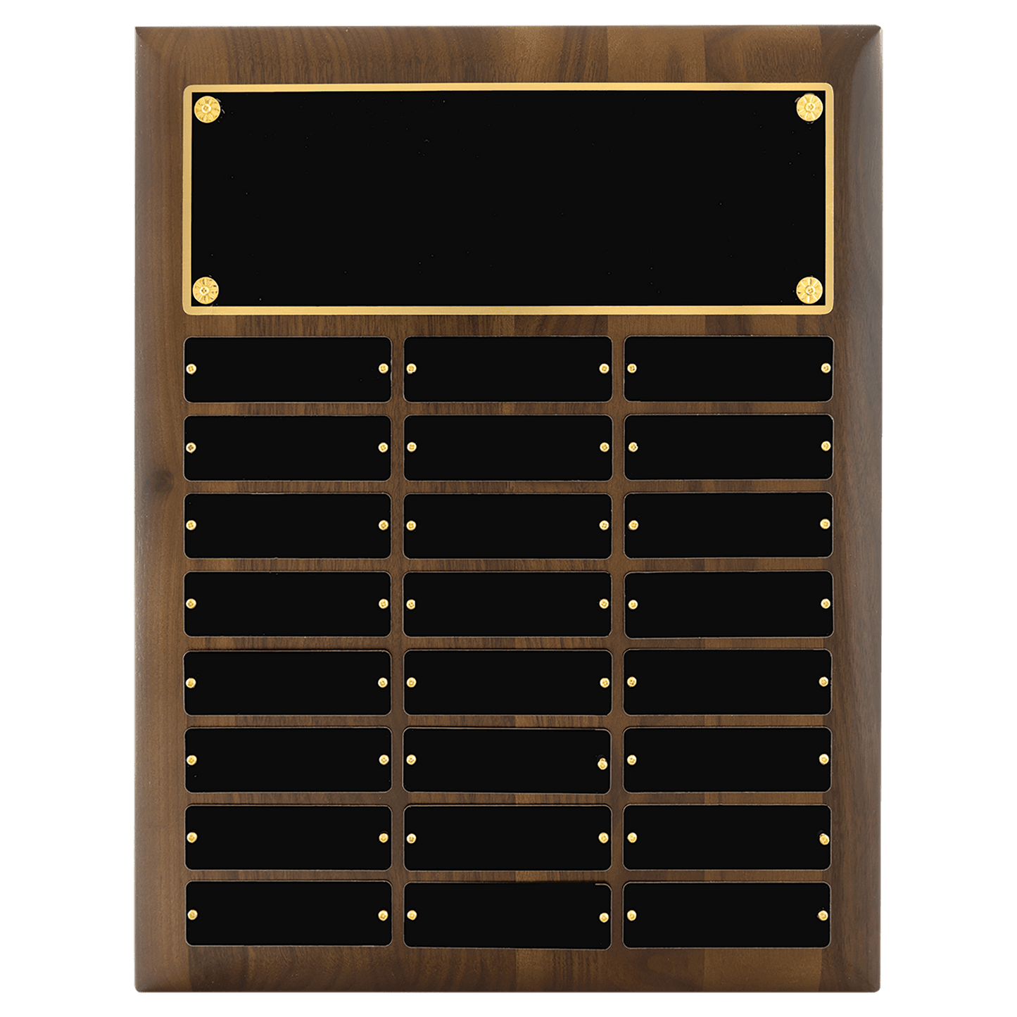 Solid American walnut perpetual plaque with precision elliptical edge. Black brass plates are 1"x3.25".  Available with 6 plate combinations.