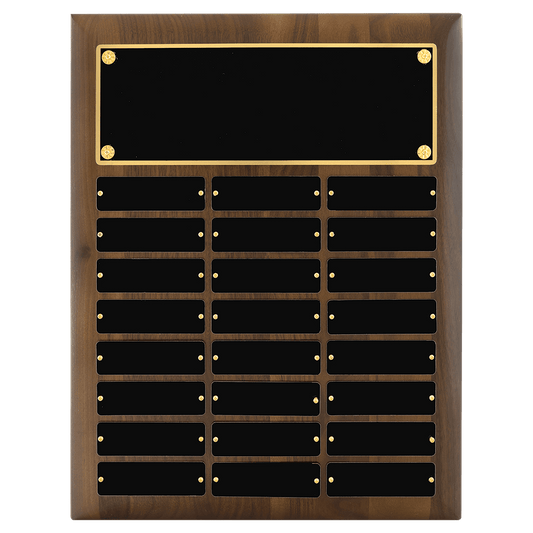 Solid American walnut perpetual plaque with precision elliptical edge. Black brass plates are 1"x3.25".  Available with 6 plate combinations.