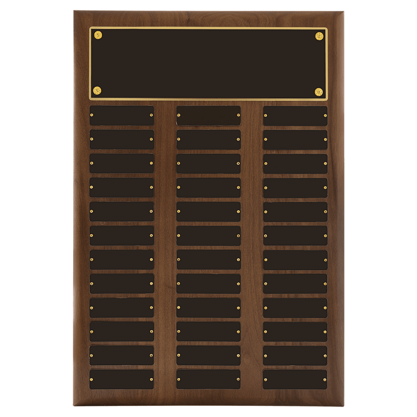 Solid American walnut perpetual plaque with precision elliptical edge. Black brass plates are 1"x3.25".  Available with 6 plate combinations.