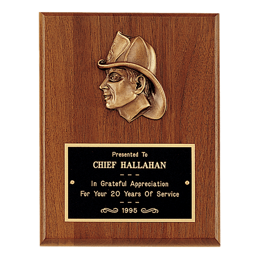 Walnut Plaque with Firefighter Head Bronze Cast, Laser engravable Black Brass plate. Available in 2 sizes.