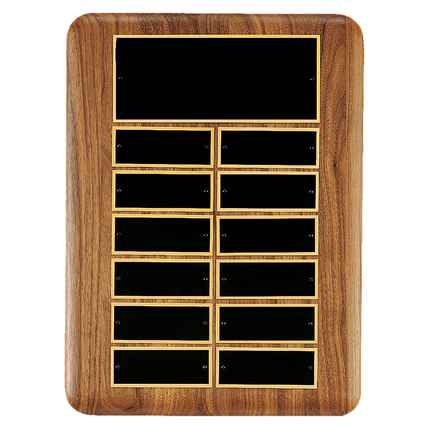 Solid American walnut perpetual plaque with individual black brass plates are 1.50"x3.75"