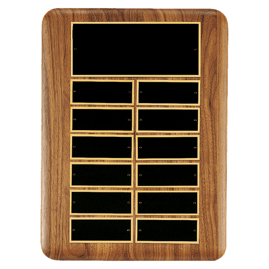 Solid American walnut perpetual plaque with individual black brass plates are 1.50"x3.75"