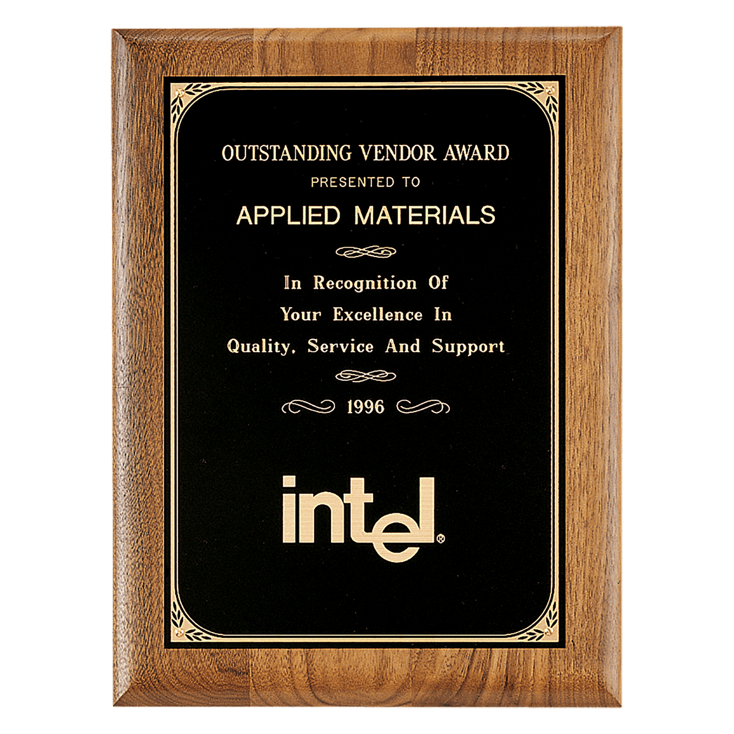 Walnut plaque with a precision elliptical edge with a black brass plate with printed border. Available in 4 sizes.