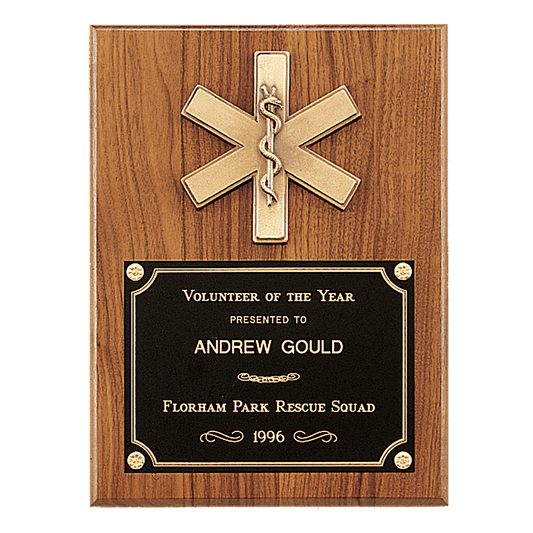 9"x12" Walnut Plaque with Gold Emergency Symbol Cast, Laser Engravable Plate