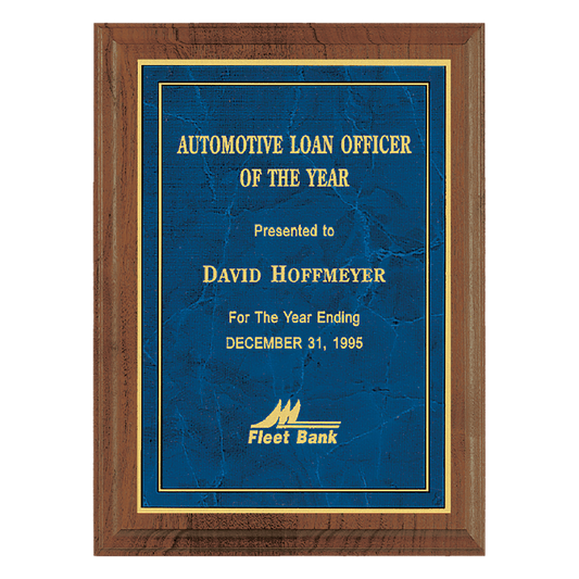 Milano series solid American walnut plaque featuring a blue marble plate with gold and blue and black boarder. Available in 4 sizes