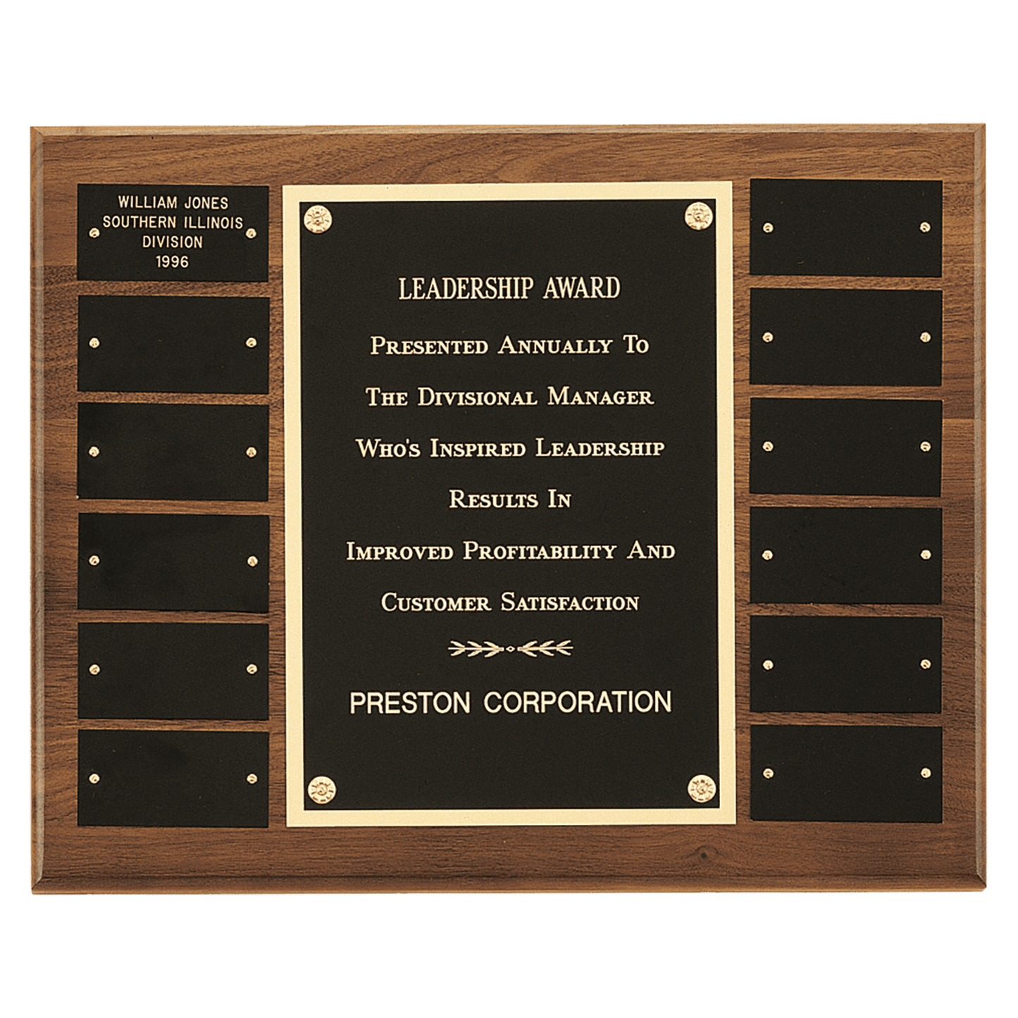 12"x15" 12 plate walnut perpetual plaque with large black brass center plate. Black brass plates are 1"x3"