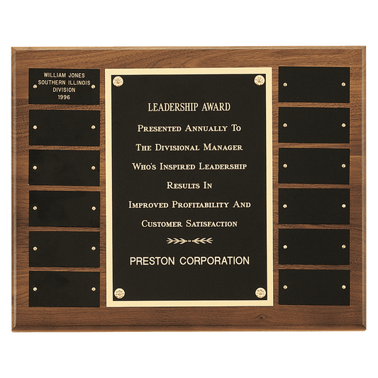12"x15" 12 plate walnut perpetual plaque with large black brass center plate. Black brass plates are 1"x3"