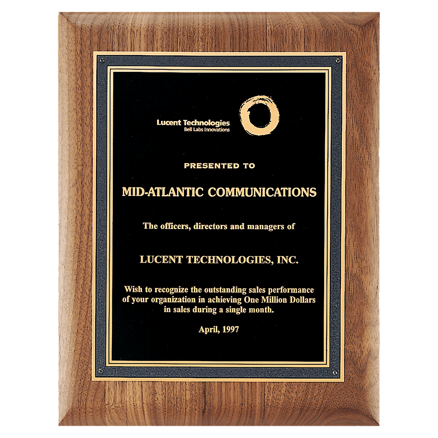 Solid Walnut Plaque with black florentine border and black textured center. Available in 4 sizes.