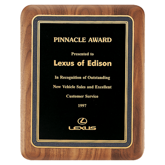 Solid Walnut Rounded corners Plaque with a black florentine border and black textured center. Available in 3 sizes.