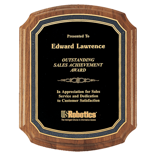 Solid Walnut Notched corners Plaque with Laser engravable Black/Gold Florentine edge Brass Plate. Available in 4 sizes.