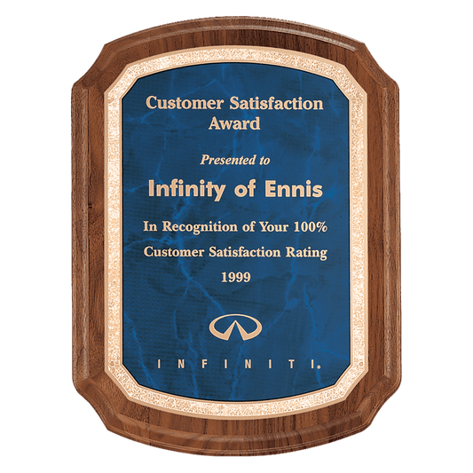 Coventry series solid American walnut plaque with notched corners featuring a blue marble plate with gold florentine border. Available in 3 sizes