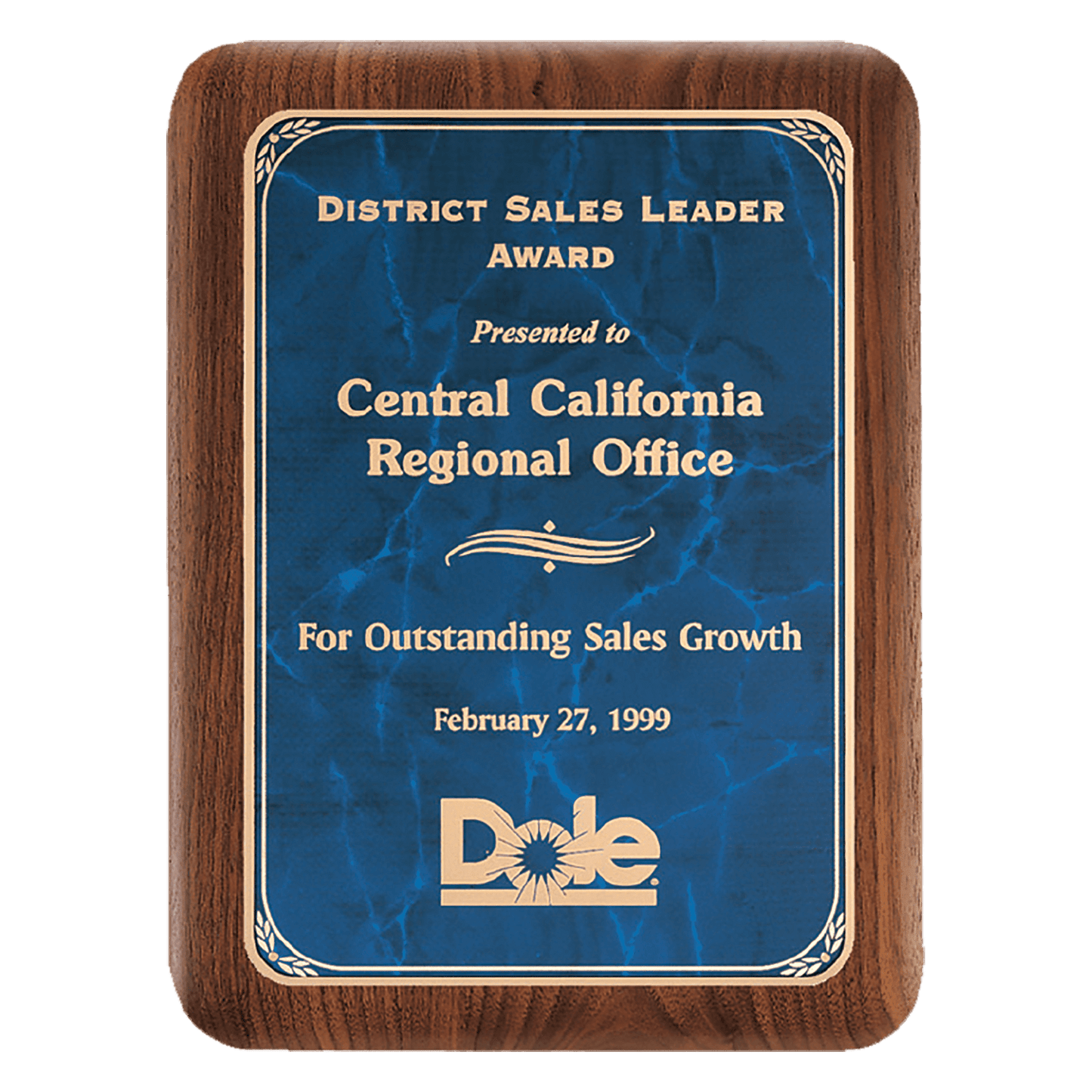 Solid American walnut plaque with rounded corners featuring a blue marble plate with gold leaf design border. Available in 3 sizes