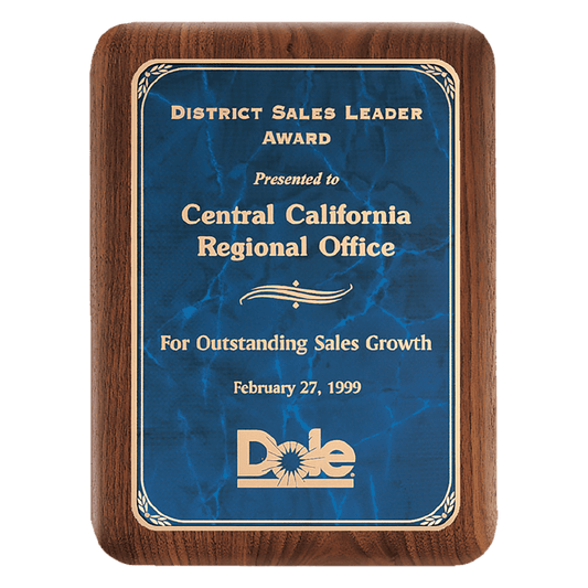 Solid American walnut plaque with rounded corners featuring a blue marble plate with gold leaf design border. Available in 3 sizes