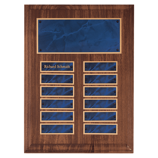 Solid American walnut perpetual plaque with blue marble plates with  2 plate combinations