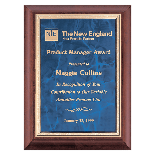 Cherry finished plaque featuring a blue marble plate with gold florentine border. Available in 3 sizes