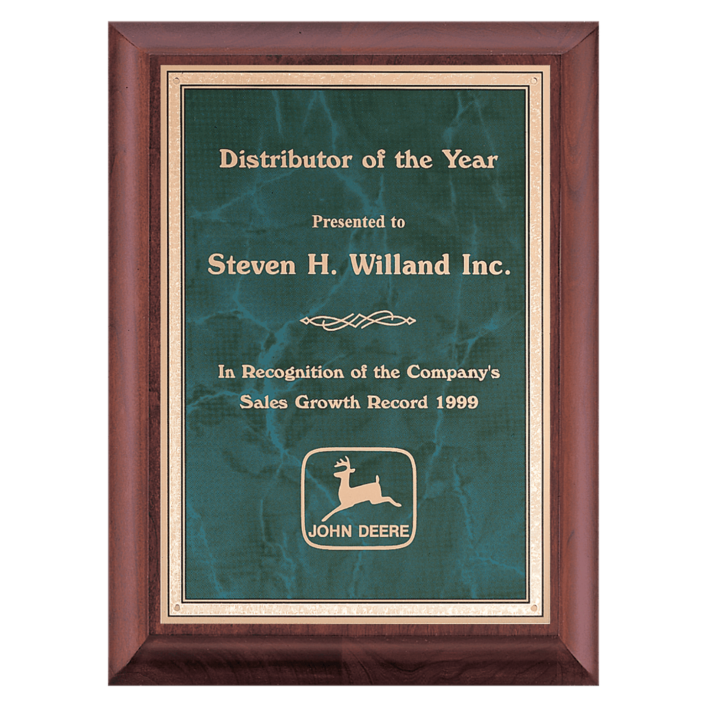 Cherry finished plaque featuring a green marble plate with gold florentine border. Available in 3 sizes.