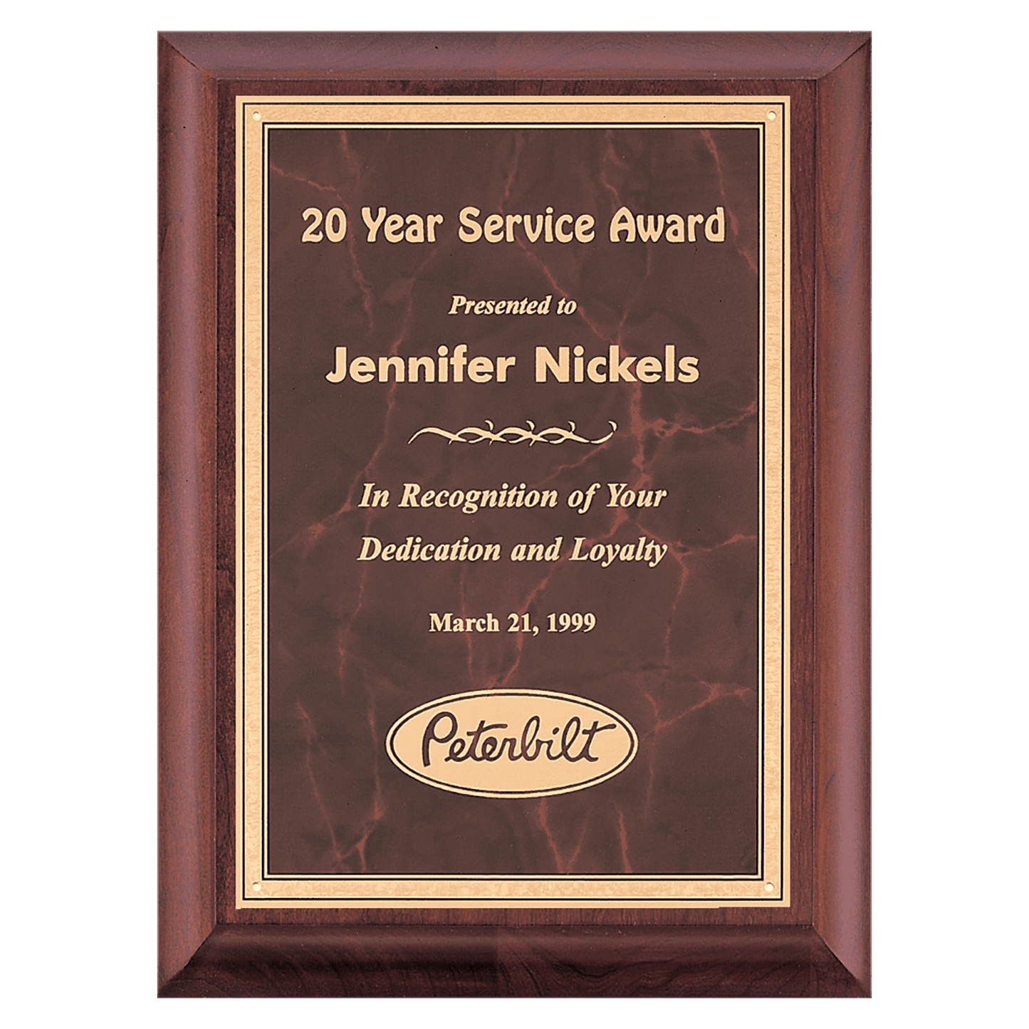 Cherry finished plaque featuring a red marble plate with gold florentine border. Available in 3 sizes.