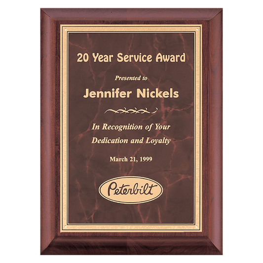 Cherry finished plaque featuring a red marble plate with gold florentine border. Available in 3 sizes.