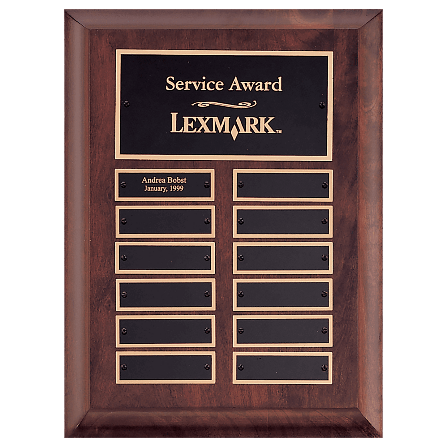 9"x12"Cherry Finish Plaque with 12 Black Brass Individual Plates, Individual Plates .875"2.75"