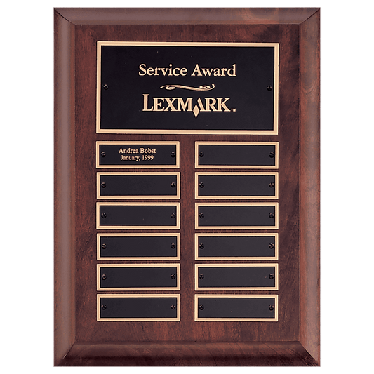 9"x12"Cherry Finish Plaque with 12 Black Brass Individual Plates, Individual Plates .875"2.75"