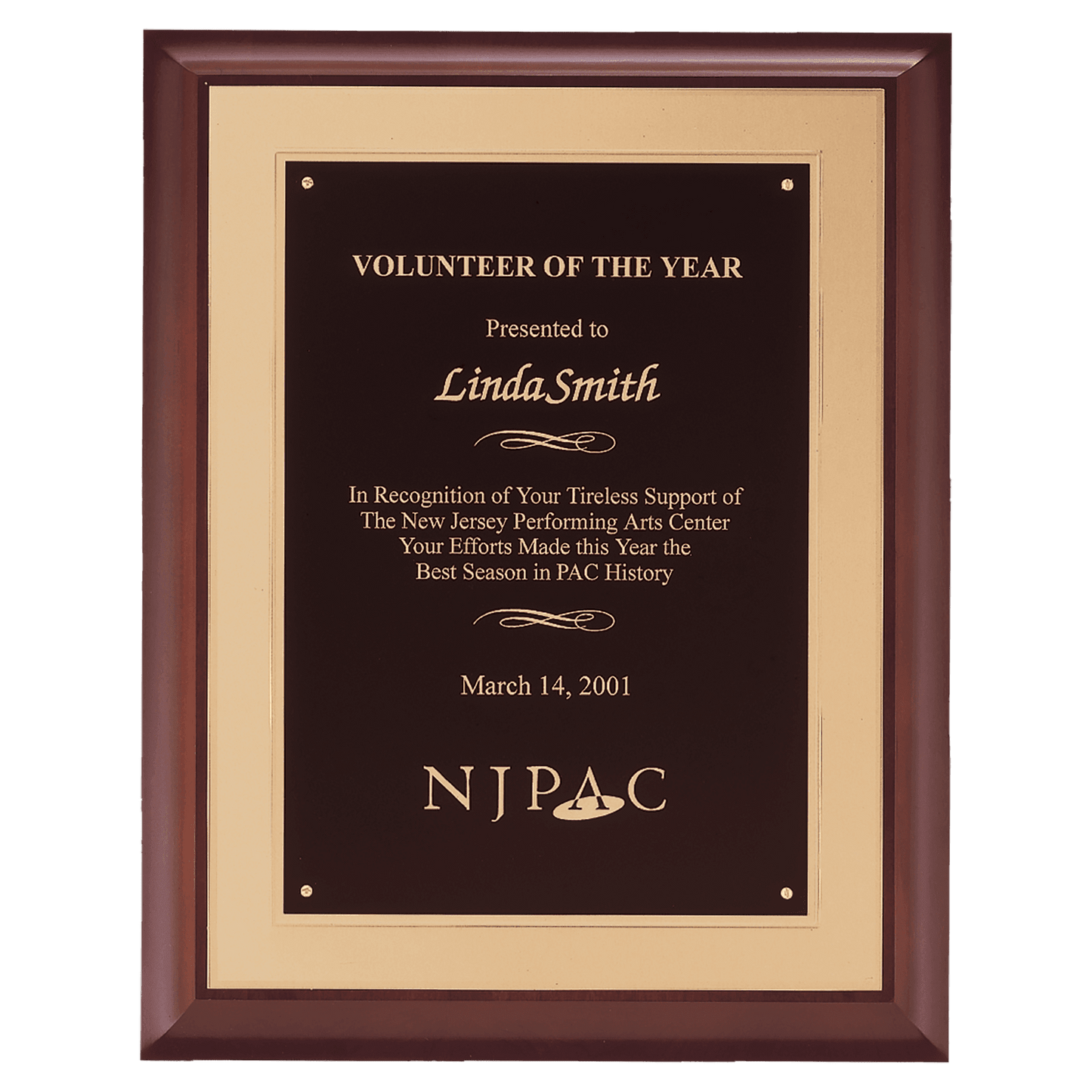 11"x14" Cherry Plaque with with a black brass plate on a gold embossed back plate.