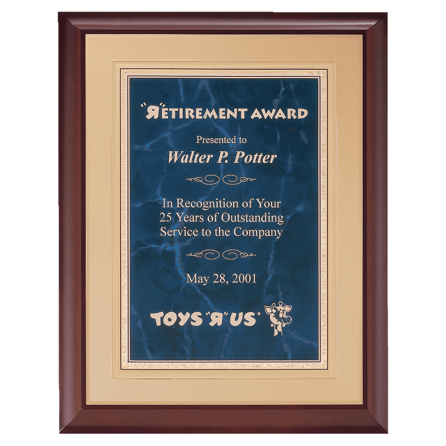 11"x14" Cherry finish plaque board blue marble plate with gold florentine borderer on a gold embossed back plate