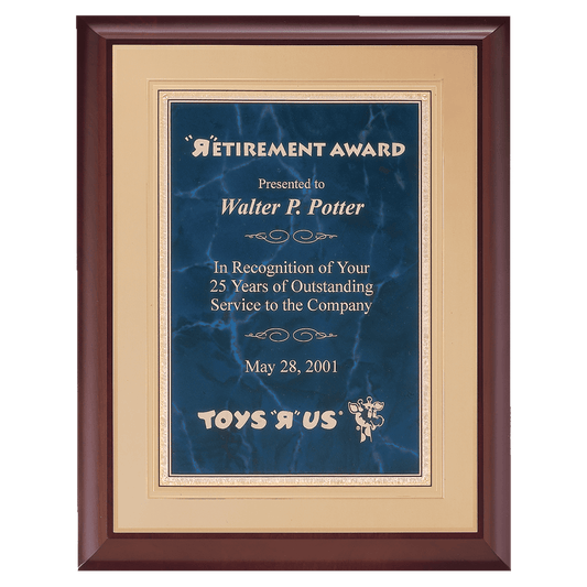 11"x14" Cherry finish plaque board blue marble plate with gold florentine borderer on a gold embossed back plate