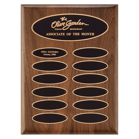 9"x12" Solid American walnut perpetual plaque with 12 elliptical plates, individual plates are 1"x3.25"