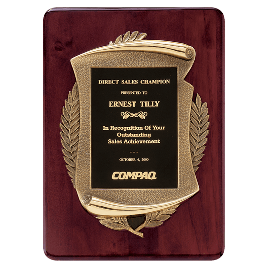 11"x15" Rosewood stained piano finish plaque with an antique bronze finished frame scroll casting and black brass plate for engraving