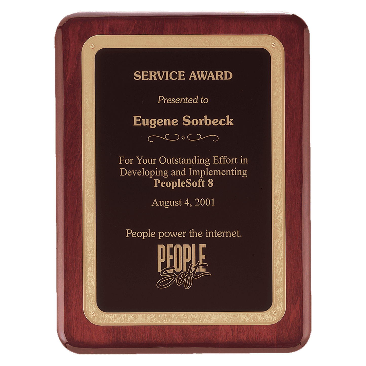 Rosewood piano finish plaque with rounded corners with gold Florentine border and black textured center. Available in 5 sizes.