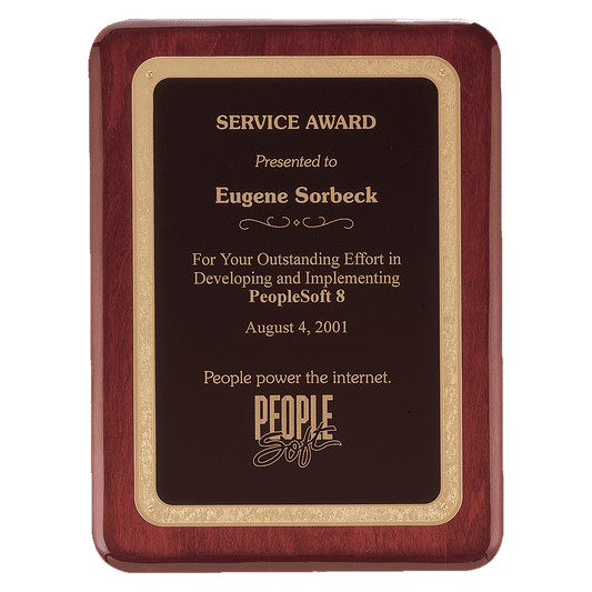 Rosewood piano finish plaque with rounded corners with gold Florentine border and black textured center. Available in 5 sizes.