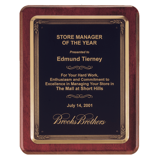 10.5" x 13" Rosewood stained piano finish plaque with antique bronze plated metal frame casting with black brass plate for engraving.