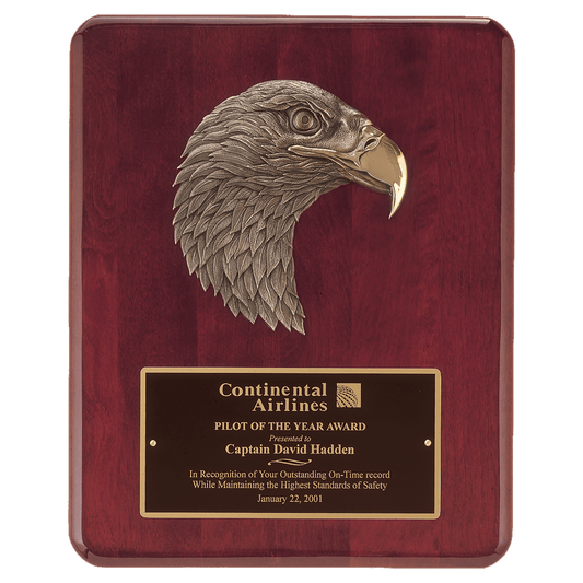 Rosewood Piano Finish Rounded Corner Plaque with Bronze Cast Metal Eagle Head, Laser Engravable Black Brass Plate. Available in 2 sizes.