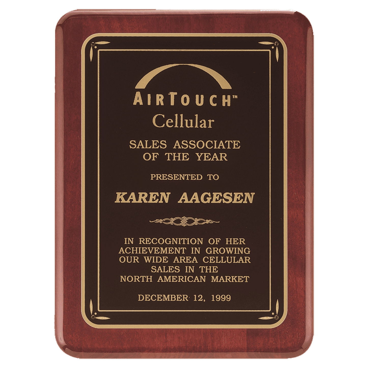 Rosewood Piano Finish plaque with rounded corners, gold leaf cornered Laser engravable textured black brass plate. Available in 3 sizes.
