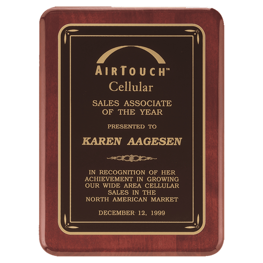 Rosewood Piano Finish plaque with rounded corners, gold leaf cornered Laser engravable textured black brass plate. Available in 3 sizes.