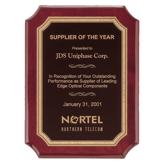 Rosewood Piano finish notched corners Plaque with gold florintine border. Available in 4 sizes.