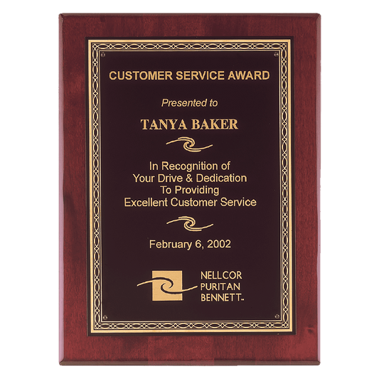 Rosewood Piano finish Plaque with gold Ornate border. Available in 4 sizes.