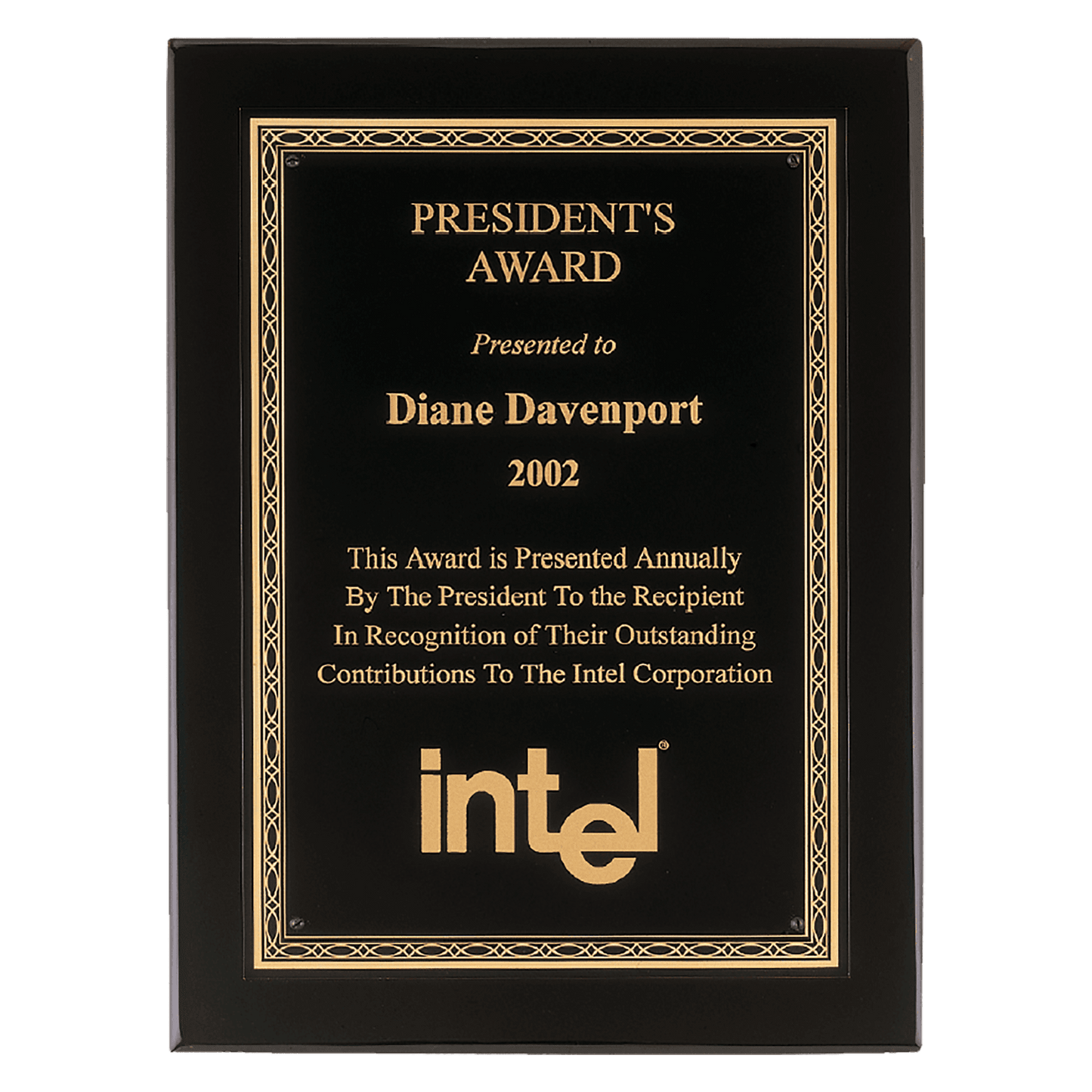 Black piano finish plaque with a black brass plate and gold braided design border. Available in 4 sizes