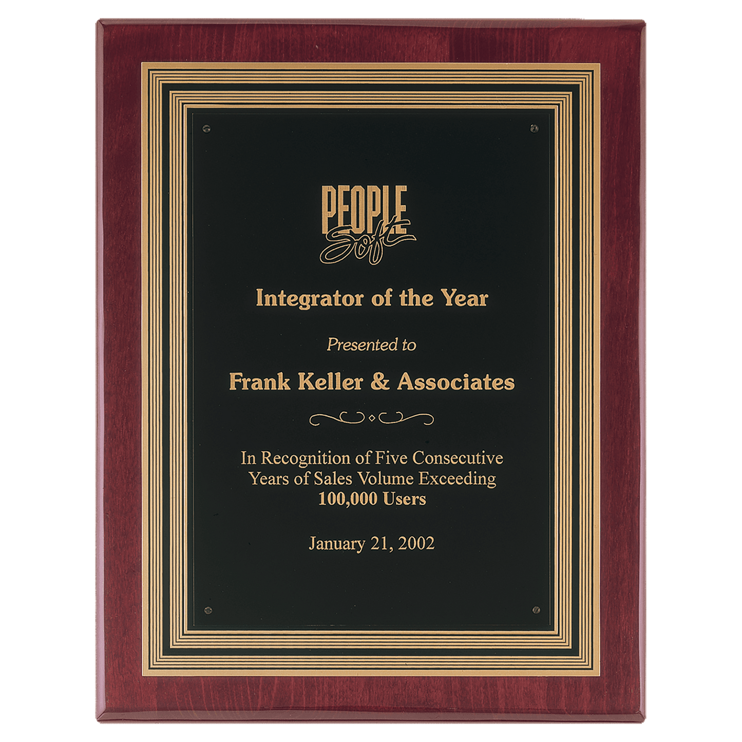 11"x14" Rosewood piano finish plaque with a black and gold embossed back-plate and black brass engraving plate