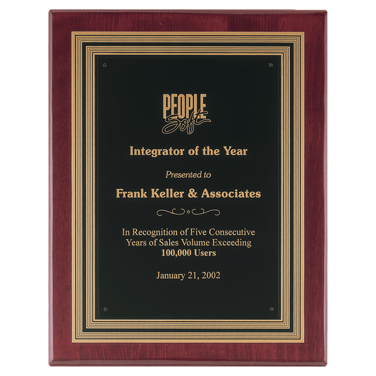 11"x14" Rosewood piano finish plaque with a black and gold embossed back-plate and black brass engraving plate