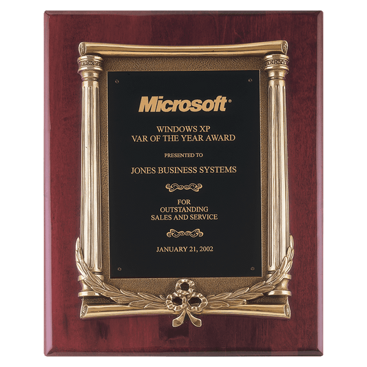 10.5"x13" rosewood piano finish plaque with an antique gold finished frame with columns and black brass engraving plate