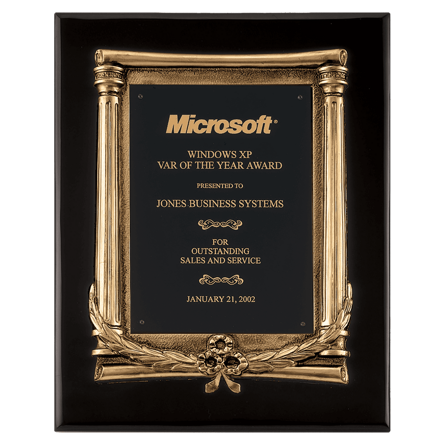 10.5"x13" black piano finish plaque with an antique gold finished frame with columns and black brass engraving plate* shown in rosewood