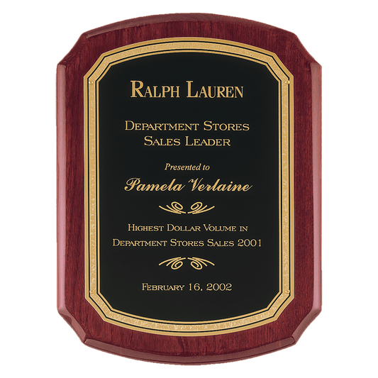 Rosewood Piano finish notched corners Plaque with gold florintine border. Available in 4 sizes.